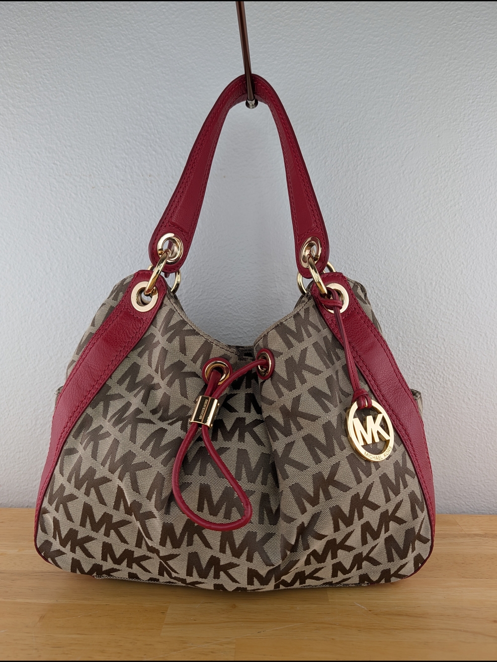 Michael Kors Ludlow Brown Red Canvas Leather Jacquard Logo Tote Shoulder Bag